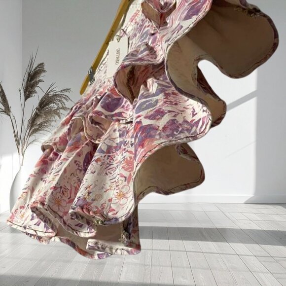 DRIFTWOOD NWT Floral Print Tiered Ruffle Denim Mini Skirt Medium M Side Zip - Picture 8 of 14